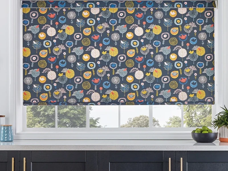Close-up of a patterned roller blind with a clean, straight lower edge