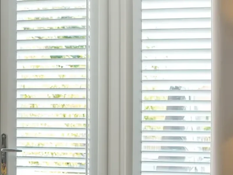 Close-up of white shutter louvres and their surrounding frame